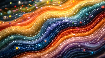 Microscopic-inspired scene where radiant tiny beads lie atop a vibrant undulating pattern
