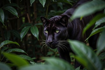 a black panther in the grass, staring at its prey.