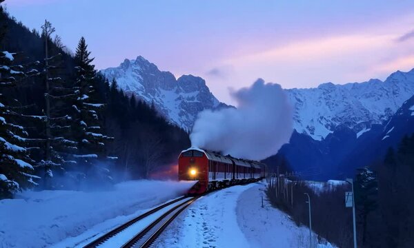 Red train chugging through snowy mountains at dusk, with smoke billowing against a twilight sky