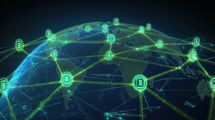 Fototapeta premium Digital Network Visualization Over Planet Earth Illustrating Global Connections and Cryptocurrency Data