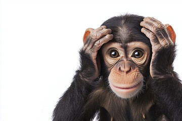 Naklejka premium Portrait of baby chimpanzee isolated on white background, Little cute monkey on white background.