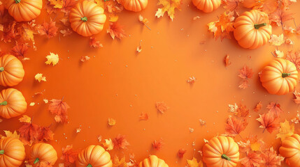 Fototapeta premium Autumn Pumpkin Frame with Fall Leaves on Orange Background
