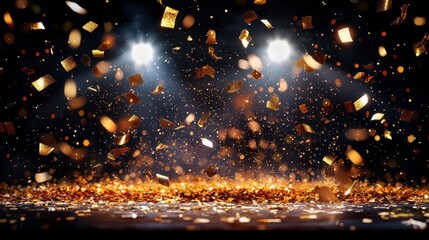 Naklejka premium Luxurious Golden Confetti Rain Falling on a Grand Stage with Bright Spotlight Effects
