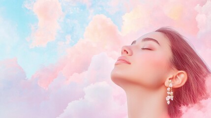 Fototapeta premium Woman embracing serenity in dreamy clouds aesthetic portrait ethereal atmosphere calm viewpoint