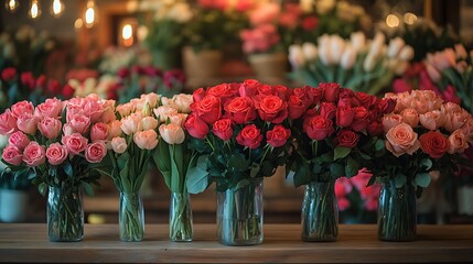 Polished wooden surface with out-of-focus flower shop displaying vases filled with roses tulips and lilies