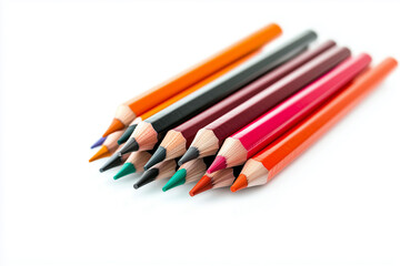 Naklejka premium Selective focus pile of color pencil isolated on white background, School kid crayon on white.