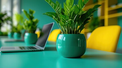 Modern workspace with vibrant green plants and stylish laptop on turquoise table and yellow chairs in bright office