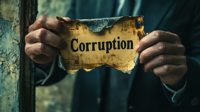 A close-up of hands tearing a "Corruption" sign, emphasizing the act of rejecting unethical practices and promoting fairness