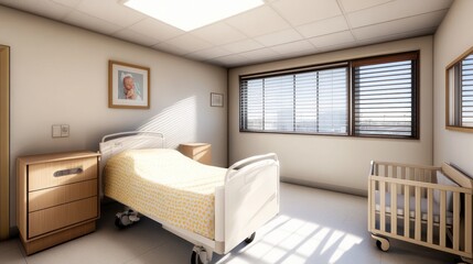Bright and Clean Hospital Room with Baby Crib and Single Bed in Modern Healthcare Facility