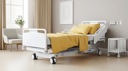 Modern Hospital Room with Adjustable Bed, Yellow Bed Linen, and Minimalist Furniture in Bright Environment