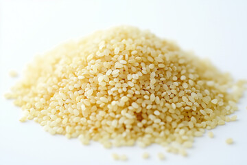Close up shot rice isolated on white background, Selective focus pile of rice on white.