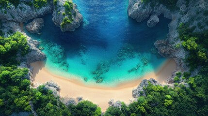 Aerial View of Pristine Beach Cove Surrounded by Lush Greenery and Turquoise Waters
