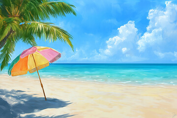 Vibrant summer vacation beach scene with crystal blue sea, soft golden sand, colorful beach umbrella, clear blue sky, relaxing coastal atmosphere, and sunny sunlight perfect for travel.