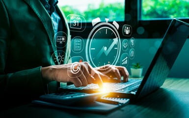 Businessman Managing Time Effectively with Digital Productivity Tools and Data Analytics on Laptop, Featuring Icons Representing Deadlines, Goals, Collaboration, and Workflow Optimization
