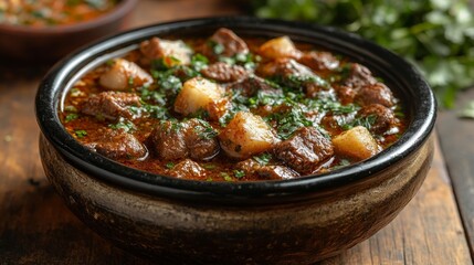 Delicious beef stew with potatoes and herbs in a traditional ceramic bowl. Generative AI