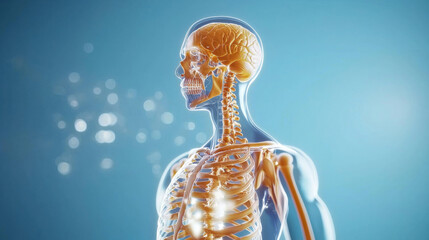 Anatomical illustration of human skeleton with highlighted brain and spine