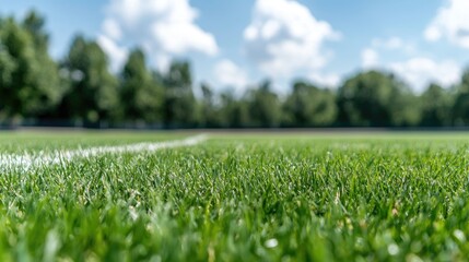 Close-up of green artificial turf field, sunny day. Use Stock photo for sports, advertising, or background