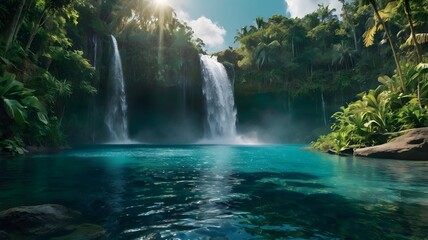 Majestic waterfall, turquoise blue pool, lush green vegetation, sunbeams, rocky cliffs