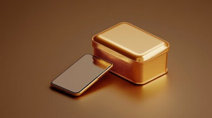 Golden phone and box on brown background; product display