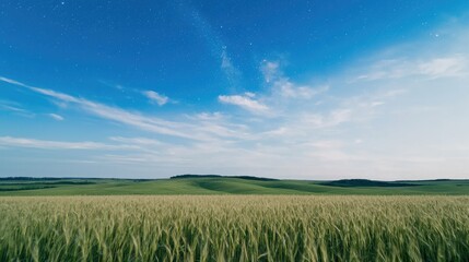 Fototapeta premium Starry night over rolling green wheat field
