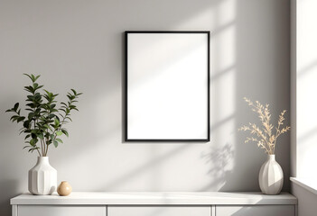 A photo frame on a minimalist wall with a matte ash finish and a plant enhancing the room’s stylish decor