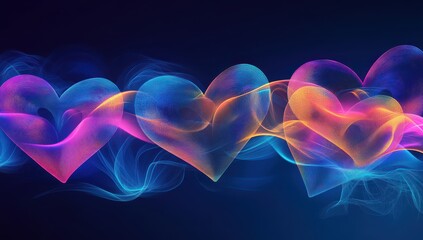 Abstract heart shapes with vibrant neon colors and smoky background.