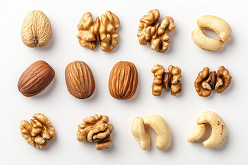 Top view group of mixed nuts isolated on white background, Selective focus varies of mixed nut on white, Close up shot grains and nuts.