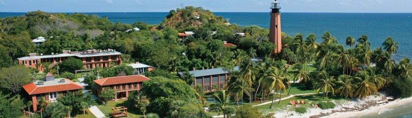 A serene coastal resort featuring lush greenery, charming cottages, and a lighthouse overlooking the tranquil sea.