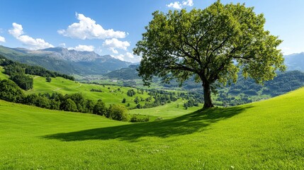 Obraz premium Lone tree on green hill, mountain valley background, sunny day, idyllic landscape, nature photography