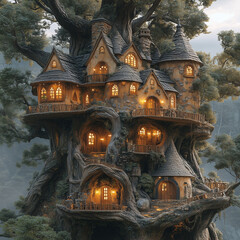 Fototapeta premium fantasy hunters lodge castle city carved into a gigantic tree in the middle of a large forrest