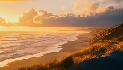 Golden Sunset Over Coastal Sand Dunes And Ocean Waves
