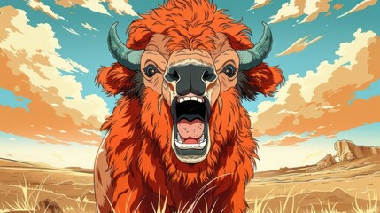 A vibrant illustration of a roaring bison against a dramatic sky in a desert landscape.