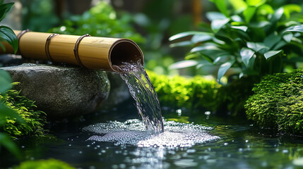 A serene bamboo water feature flowing into a tranquil pond, surrounded by lush greenery, creating a peaceful atmosphere