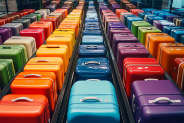 Fototapeta premium Collection of colorful suitcases arranged in a bustling modern airport terminal, capturing the anticipation and excitement of global travel adventures