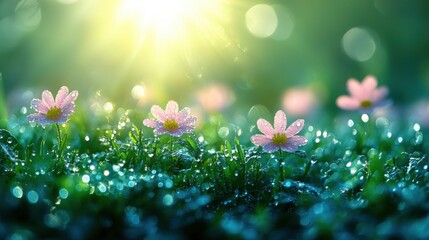 Obraz premium Morning Dew on Vibrant Wildflowers in a Sunlit Meadow Surrounded by Lush Greenery