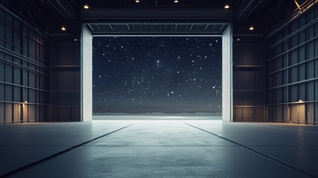 Night hangar, open doors, starry sky, vast landscape, futuristic concept