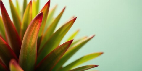 Fototapeta premium Close-up view of vibrant succulent plant with red-tipped leaves against a soft, pale green background, showcasing the intricate details and textures of nature's artistry