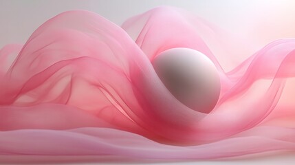 Soft pink fabric swirls around white sphere, artistic still life. Minimalist elegance and serenity concept