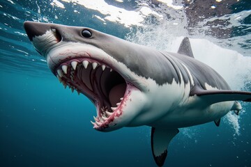 Naklejka premium A shark is swimming through the water, its mouth open to strike its prey.