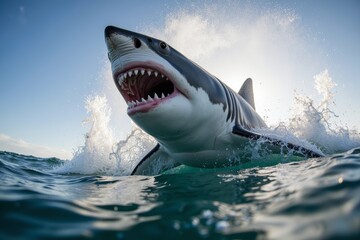 Fototapeta premium A shark is swimming through the water, its mouth open to strike its prey.