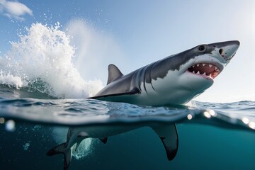 Naklejka premium A shark is swimming through the water, its mouth open to strike its prey.