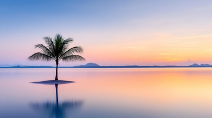 Obraz premium Tranquil Sunrise Over Calm Lagoon with Palm Tree Island. Possible use Stock photo showcasing serenity and tranquility