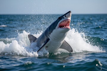 Fototapeta premium A shark is swimming through the water, its mouth open to strike its prey.