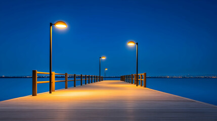 Tranquil wooden pier at dusk, calm water, city lights in the distance, serene ambiance, photographic print, social media