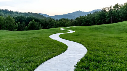 Winding path through green field, mountains background, nature serenity, travel brochure