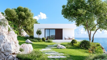 Modern coastal villa, ocean view, landscaped garden, sunny day, real estate