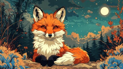 A stylized fox resting in a colorful forest under a moonlit sky.