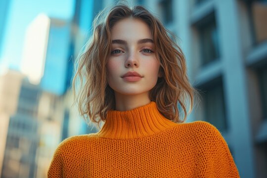 A young man in an orange sweater points and smiles in front of a modern office building in the city - Powered by Adobe