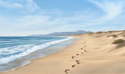 Obraz premium Footprints in sand, ocean beach, sunny day, coastal mountains. Use travel, vacation, relaxation