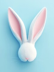 Fototapeta premium White rabbit head, pastel blue background, Easter, greeting card